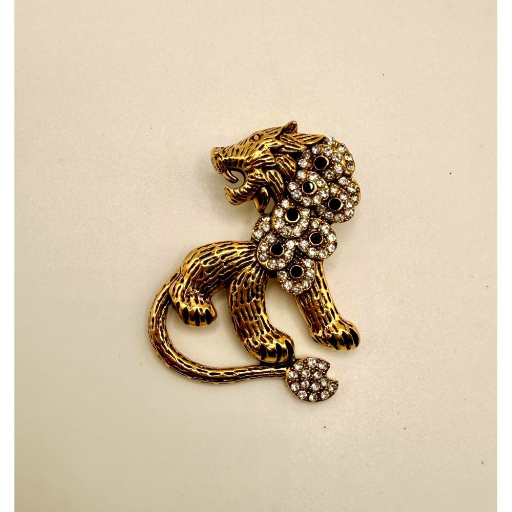 Lion Brooch Pin Gold Tone Metal Clear‎ & Black Rhinestones Statement Animal